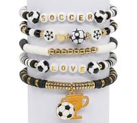 CYUXING 5 braccialetti da calcio per donna, braccialetti elastici impilabili con perline e ciondolo bianco e nero a tema calcistico, accessori di gioielleria elastici per mamme di calciatori, regalo