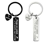 CYUXING Portachiavi Drive Safe da 2 pezzi per lui, portachiavi I Love You nero e argento, messaggio in spagnolo Maneja Con Cuidado Te Necesito Aqui Conmigo e cuore Te Quiero, regalo per marito