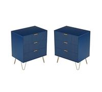 CYYZB 2 cassettiere moderne a 3 cassetti per camera da letto, cassettiere con tiranti e gambe dorate, comò e cassettiera in legno blu, moderna cassettiera verticale per soggiorno (blu, 2 pezzi, 3
