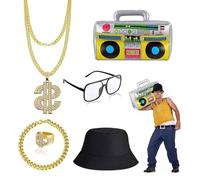 CZAYEFNH Costume Anni '80/'90 Hip Hop Completo - Set Travestimento Laurea con Dollari Finti, Collana Rapper, Accessori Carnevale Uomo