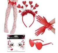 CZAYEFNH Costume da Cupido,Set di 5 accessori, occhiali a forma di cuore, tatuaggio facciale, cerchietto a cuore, Calzini per le gambe,Guanti, costume da cupido da donna, per Halloween, San