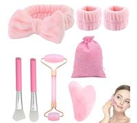 CZAYEFNH Guasha Viso Kit 7 in 1 con Rullo massaggiante, gua Sha, pennelli Maschera, Fascia Capelli e Polsini Rosa per Massaggi Viso antietà e Cura della Pelle