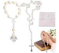 CZAYEFNH Rosario Cattolico in Perle Bianche con Croce, Collana 74+16 cm e Bracciale 14,5 cm, Accessorio Religioso per Preghiere e Cerimonie, con Sacchetto Regalo