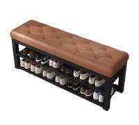 CZDANG Entryway Bench with 2-Tier Shoe Rack, Modern Iron Frame Shoes Organizer,Shoe Storage Bench with Leather Cushion for Hallway, Bedroom, Living Room, Dining Room(Marrone,60 * 35 * 48cm)