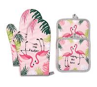 Czemo Presine e Guanti da Forno Resistenti al Calore Guanti da Cucina in Cotone per Cucina, BBQ Barbecue, Grill, 4 Pezzi (Fenicottero)