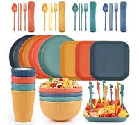 Czemo Set Piatti Campeggio Colorati, Set Stoviglie di Plastica Lavabili, Set Piatti e Posate per Campeggio, Stoviglie da Campeggio, Servizio di Piatti Colorati con Ciotole, Tazze, Forchette, Cucchiai
