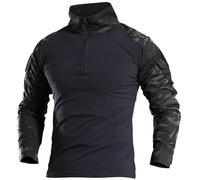 Czen Camicie Militari tattiche da Uomo Camicia a Maniche Lunghe Mimetica Camicia a Maniche Lunghe con Zip 1/4 Camicia da Trekking dell'Esercito all'aperto, Nero CP, L