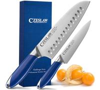 Czeslaw coltelli da cucina 2 pezzi, Coltello Santoku giapponese 18 cm e coltello da cucina 13 cm, Acciaio tedesco forgiato ad alto tenore di carbonio, Affilato come un rasoio, Manico blu Prussia