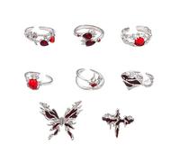CZMZHFC 8 anelli gotici da donna, set di anelli vintage in argento, con apertura regolabile impilabile, anello punk con farfalla, ragno, croce, cuore, pietra preziosa rossa, Y2K, gioielli per