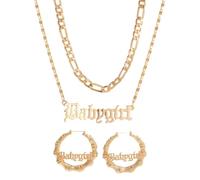 CZMZHFC Set di collana e orecchini anni '90 da donna, orecchini a cerchio in bambù oro hip hop, collana con ciondolo a forma di lettera inglese, accessori per costumi anni '80/90, gioielli alla moda
