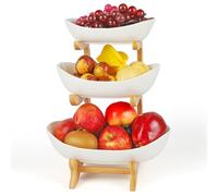 Czoele Fruttiera Ceramica, 3 Ripiani in Portafrutta a Ripiani con supporto in legno Cesta Portafrutta per Frutta e Verdura Cestino di Frutta per Frutta Dessert Torta Dolci (bianco)