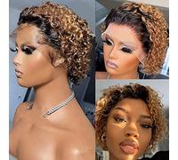 Czrleaty Ombre Ginger Pixie Cut Parrucche per capelli umani Parrucca frontale in pizzo ricci corti Ombre Ginger 13X1 Parrucca Pixie per donne nere Densità 150%
