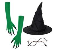 CZXCV Set di accessori per costume da strega, da donna, 3 pezzi | con cappello da strega nero, occhiali e guanti verdi, per Halloween, carnevale, feste cosplay
