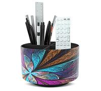 Czzmy Rotazione range telecomando,supporto per telecomando circolare in pelle PU con 4 scomparti, organizer da scrivania multifunzione per TV telecomando,occhiali,matite (1 fiori frattali)