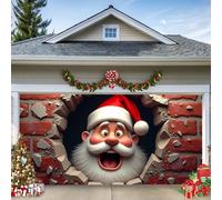 D, 16 x 7 ft/4,8 x 2,1 m, striscione natalizio per porta del garage, Babbo Natale allegro appare attraverso l'apertura della parete, decorazione murale per esterni, grande decorazione per vacanze