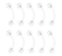 D.Bella 8-10 piercing a bilanciere curvo trasparente, 16 G, in plastica, per sopracciglio, labbro, elica, trago, 6-12 mm, con fermi flessibili in acrilico bioflex, 10mm x 1.2mm x 3mm, Plastica