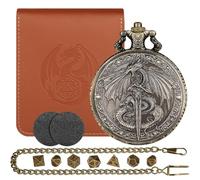 D&D Drago con spada e custodia per orologio da tasca, set di mini dadi in metallo poliedrici, 7 dadi in metallo poliedrici, spada fantasy drago, set per principianti DND, regali DND con borsa in pelle