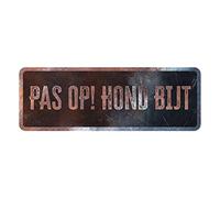 D&D Home, Pannello di avvertimento Attenzione al Cane, 40x13x0,3 cm, Versione olandese, fondo nero, segnale di avvertimento in metallo resistente alla ruggine con testo divertente