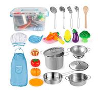 D-FantiX Play Kitchen Accessories, Kids Play Pots and Pans Playset with Mini Stainless Steel Pretend Play Cooking Toys, Cookware Utensils, Apron and Chef Hat, Cutting Food for Toddler Boys Girls