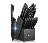 D.Perlla Set Coltelli da Cucina 15 Pezzi in Acciaio Inossidabile, Lama Nero Antiaderente e Affilata, Coltelli da Cucina con Manico in Plastica e Blocco in Legno, per Pane, Verdure e Asta per Affilare