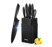 D.Perlla Set Coltelli da Cucina 7 Pezzi con Ceppo Universale e Affilatore Integrato, Coltelli da Cucina in Acciaio Inox, Lama del Coltello Antiaderente e Affilata, Nero