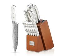 D.Perlla Set Coltelli da Cucina Professionale, Ceppo Coltelli in Acciaio 14 Pezzi, Ceppo Autoaffilante, Blocco Coltello in Legno, Marrone