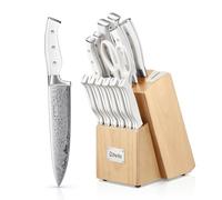 D.Perlla Set Coltelli da Cucina Professionale, Ceppo Coltelli in Acciaio 14 Pezzi, Ceppo Autoaffilante, Blocco Coltello in Legno, Bianco