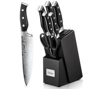 D.Perlla Set Coltelli da Cucina Professionale, Ceppo Coltelli in Acciaio 7 Pezzi, Ceppo Autoaffilante, Blocco Coltello in Legno, Nero
