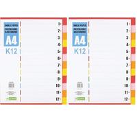 D.RECT Registro per formato A4, PP12, 12 divisori, raccoglitori ad anelli, tabelle con numeri da 1 a 12, multicolore (Confezione da 2)