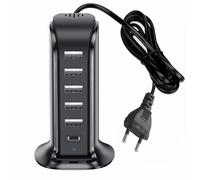 D97CS Bolwins - Caricatore USB a 6 porte, 30 W, con cavo di alimentazione, adattatore di ricarica multiplo USB per cellulare, tablet, smartphone, power bank, compatibile con spina UE da 100 a 240 V
