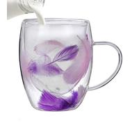 da caffè a doppia parete, trasparente, 350 ml, moderna, leggera, a doppia parete, con motivo a piume e maniglia, adatta per tè, latte, caffè, bevande,