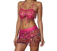 Da donna Set Danza del Pancia, Costume da Danza Orientale, Reggiseno Belly Dance Paillette Brillante Gonna Cintura Costumi per Pezzo di Teatro di Halloween Abbigliamento Casual, Rosa calda, Taglia
