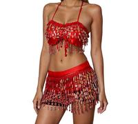 Da donna Set Danza del Pancia, Costume da Danza Orientale, Reggiseno Belly Dance Paillette Brillante Gonna Cintura Costumi per Pezzo di Teatro di Halloween Abbigliamento Casual, rosso, Taglia unica