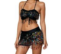 Da donna Set Danza del Pancia, Costume da Danza Orientale, Reggiseno Belly Dance Paillette Brillante Gonna Cintura Costumi per Pezzo di Teatro di Halloween Abbigliamento Casual, Nero , Taglia unica