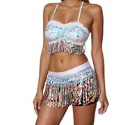 Da donna Set Danza del Pancia, Costume da Danza Orientale, Reggiseno Belly Dance Paillette Brillante Gonna Cintura Costumi per Pezzo di Teatro di Halloween Abbigliamento Casual, bianco, Taglia unica