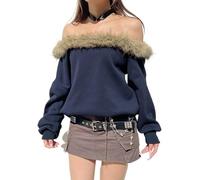 da Donna Sexy off-The-Spalla Giunzione Pelliccia Sintetica Collare A Maniche Lunghe Pullover Sciolto Y2k Moda Casual retrò Tendenza Chic Felpa Versatile (Blu,M)