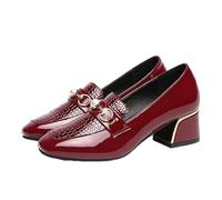 da Donna Stampato Tacchi Grossi Confortevole Punta Rotonda Perla Metallo Fibbia Decorazione Slip Tacco Abito Scarpe Ufficio Partito a piedi Formale (Rosso,37)