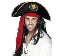 Da Uomo Adulti Pirata Cappello Teschio e Ossa Costume Nero Rosso Bandana Fascia