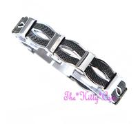 Da Uomo Color Argento Acciaio Inox & Nero Gomma Greco Chiave Braccialetto