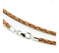 Da Uomo/ Donna 3mm Intrecciato Pelle Necklace-925 Argento Clasp-Natural Tan