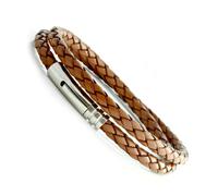 Da Uomo Pelle Bracelet-Stainless Acciaio Clasp-Light Marrone Doppio Avvolto