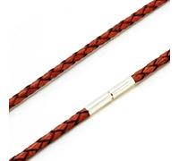 Da Uomo Pelle Collana- Sterling Argento Intrecciato Clasp-3mm Rosso Marrone Cavo