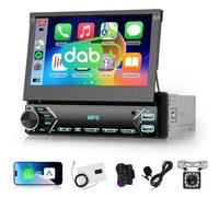 DAB Autoradio 1 Din con Schermo Retrattile 7 Pollici, Hodozzy 1 Din Flip Out Touch Screen Stereo Auto con Wireless Carplay Android Auto, Bluetooth, Mirror Link, EQ, FM Radio Tipo-C/USB + Telecamera