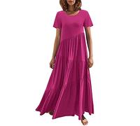 DABAOK Abiti da donna UK Summer Manica Corta Girocollo Swing Dress Casual Flowy A Balze Maxi Abito da Spiaggia con Tasche, Colore: rosa acceso., M