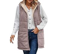 DABAOK Gilet da donna Autunno Gilet reversibile senza maniche Giacca in pile Zip Up Tasche con cappuccio Lungo Caldo Cappotto invernale Capispalla Donna Gilet trapuntato lungo, cachi, 3XL