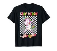 Dabbing Unicorn Stay Merry And Bright Christmas Groovy Xmas Maglietta