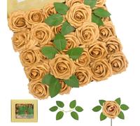 DabbOo 25 Rose Artificiali Dorate in Scatola con Foglie Diametro 7.5 cm Altezza 20 cm per Decorazioni Matrimonio Casa Centro Tavolo Bouquet Sposa Feste e Eventi Decorativi Fiori Finti