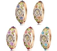 Dacdyi Orologio da polso da donna, 5 pezzi, elegante braccialetto rigido con cristalli e quadrante rotondo con fiore, Multicolore, Elegante