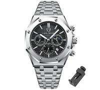 Dacdyi Orologio da uomo di lusso, ottagonale, classico, da lavoro, con datario, impermeabile, analogico, al quarzo, cinturino in acciaio inox, strumento di regolazione incluso, Argento - Nero