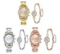 Dacdyi Set di 3 eleganti orologi e bracciale con diamanti per le donne con quadrante rotondo classico e lunetta Reore analogico al quarzo orologi da donna, Oro